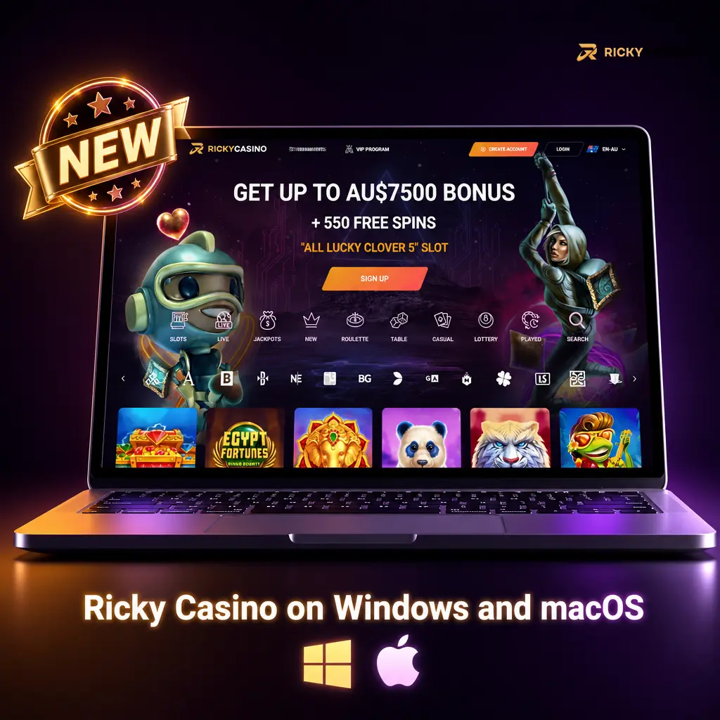 Ricky Casino website on desktop browsers for Windows and macOS, with no PC app download available in 2026