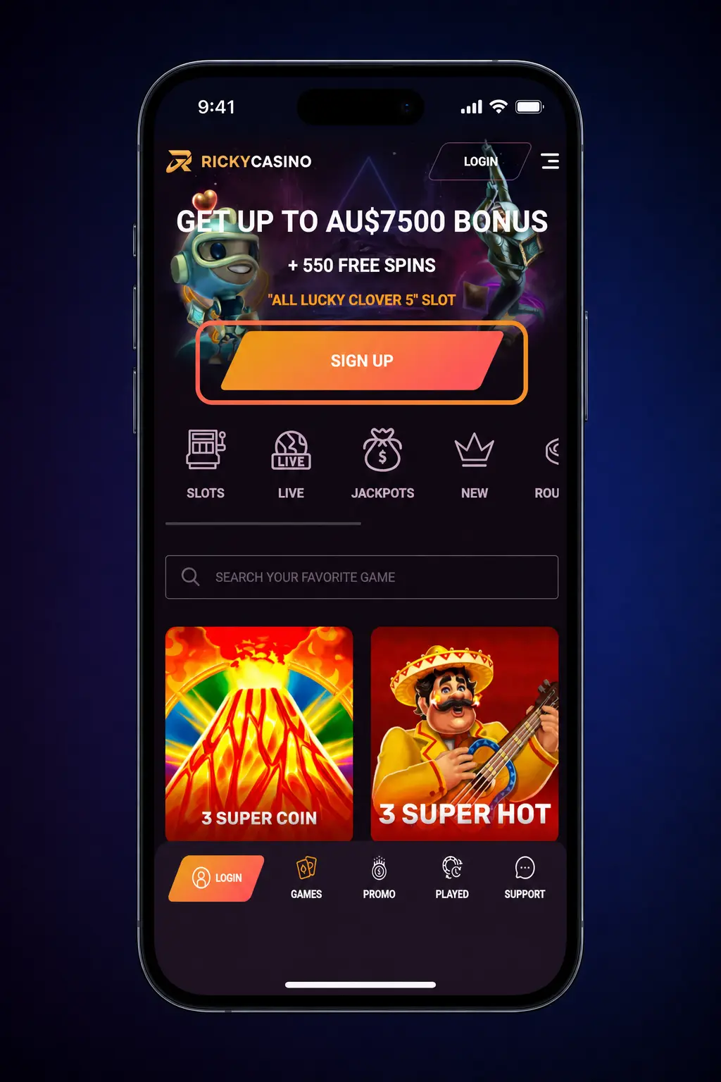 Ricky Casino Australia registration screen showing sign up steps, personal details and AUD account setup